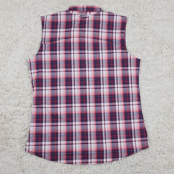 Dakini Plaid Boyfriend Shirt Womens Medium Red Stretch Hidden Pocket Vented - Picture 5 of 10
